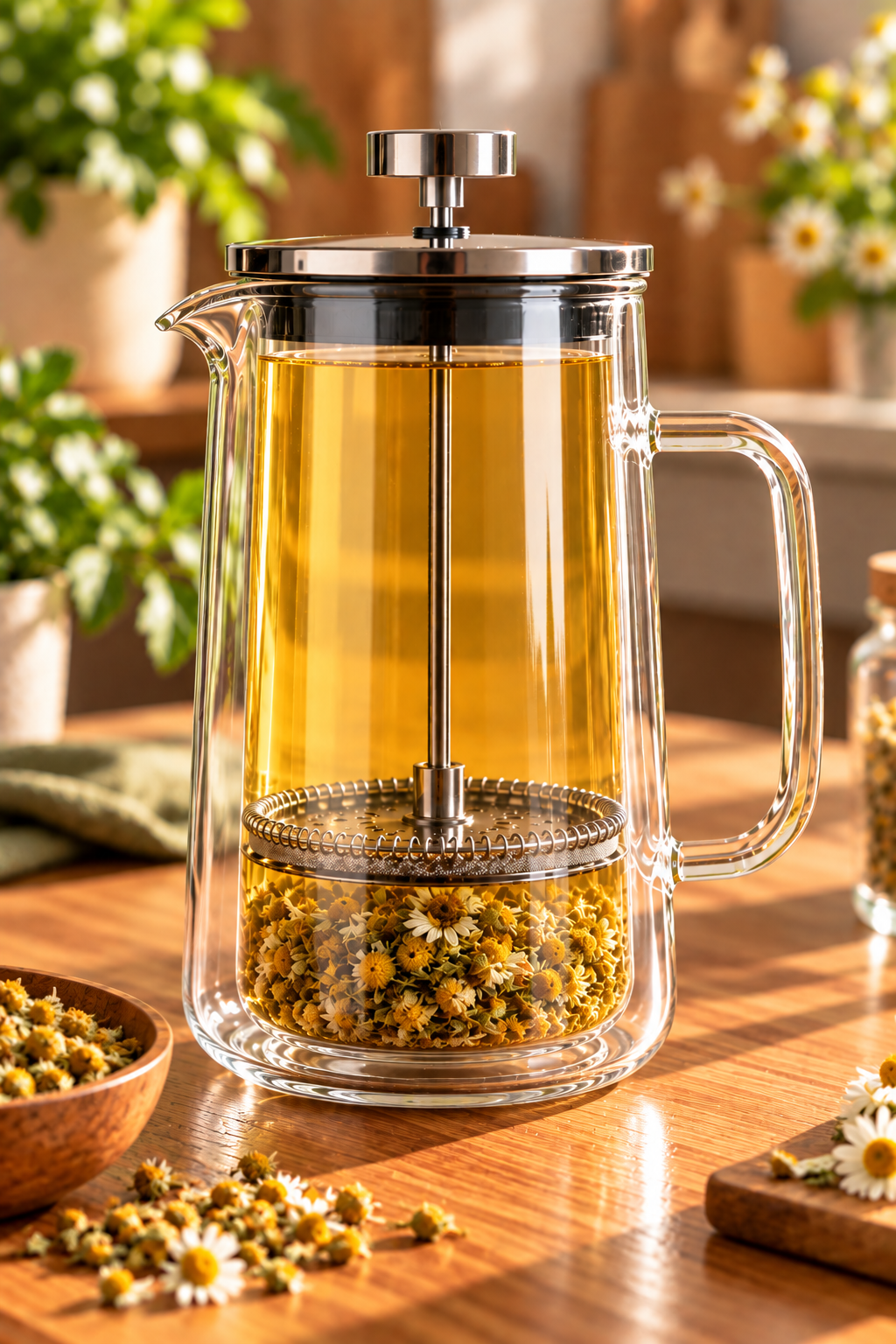 French press in vetro borosilicato a doppia parete liscia, con infuso di camomilla e fiori sotto il filtro a pressa.