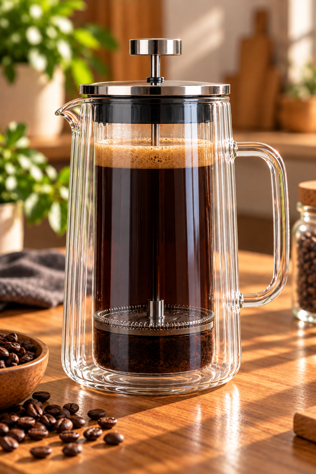 French press in vetro borosilicato a doppia parete rigata, con caffè e filtro a pressa, su un piano in legno.