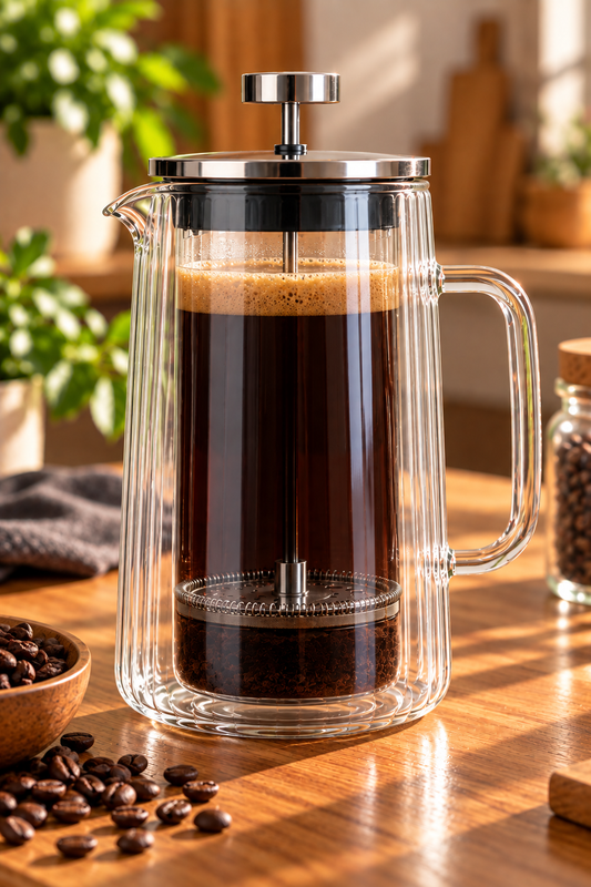 French press in vetro borosilicato a doppia parete rigata, con caffè e filtro a pressa, su un piano in legno.