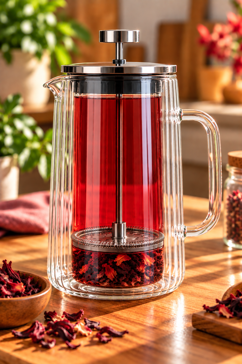 French press in vetro borosilicato a doppia parete rigata, con infuso rosso e ingredienti sotto il filtro a pressa.