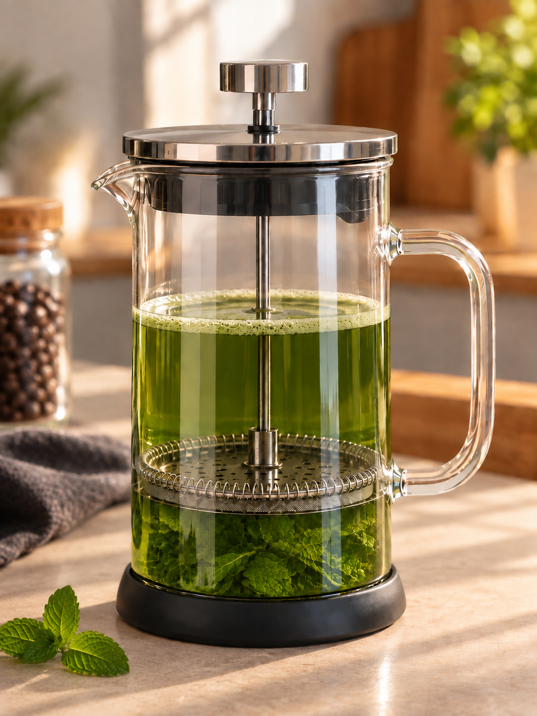 French press in vetro borosilicato con infuso verde e foglie sotto il filtro a pressa, su un piano in legno.
