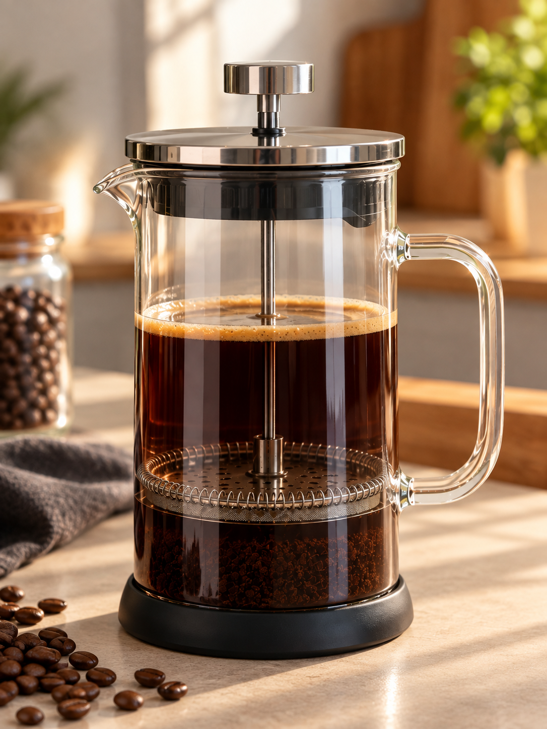 French press in vetro borosilicato con caffè, filtro a pressa e manico trasparente, su un piano in legno