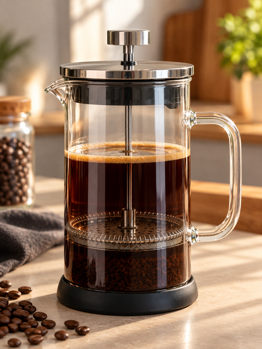 French press in vetro borosilicato con caffè, filtro a pressa e manico trasparente, su un piano in legno